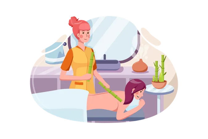Woman giving back treatment with bamboo stick Illustration