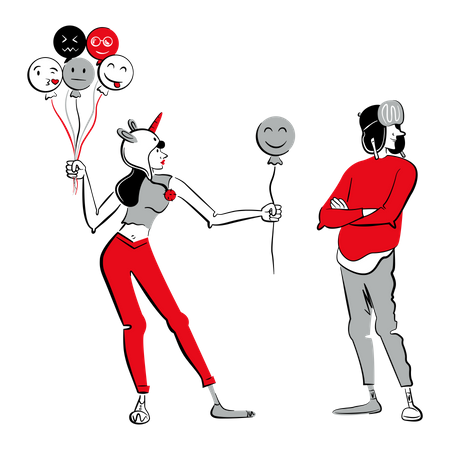 Woman giving balloon to man Illustration
