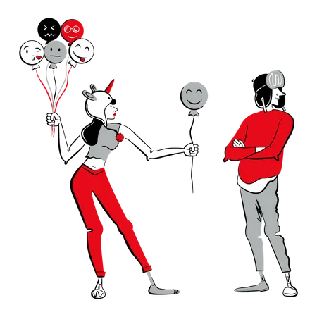 Woman giving balloon to man Illustration