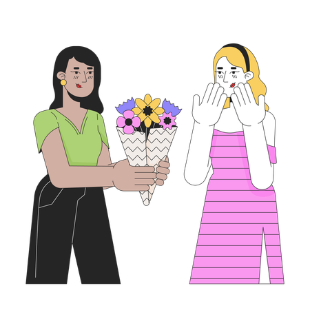 Woman giving bouquet to crush  イラスト