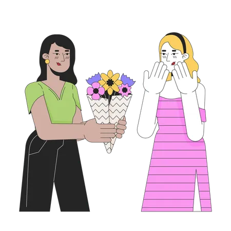 Woman Giving Bouquet To Crush Line Cartoon Flat Illustration Interracial Couple Lesbian 2 D Lineart Characters Isolated On White Background Valentines Gift Romantic Gesture Scene Vector Color Image Illustration