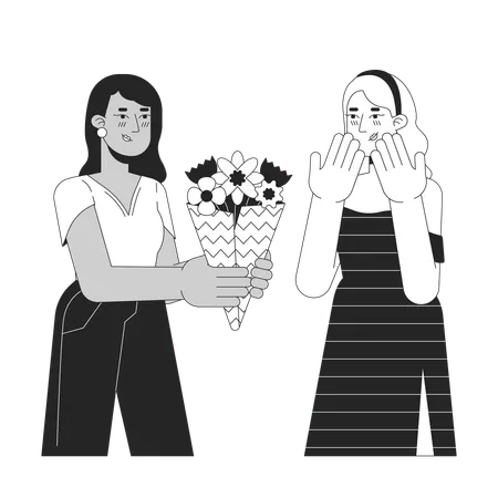 Woman Giving Bouquet To Crush Black And White Cartoon Flat Illustration Interracial Couple Lesbian 2 D Lineart Characters Isolated Valentines Gift Romantic Monochrome Scene Vector Outline Image 일러스트레이션