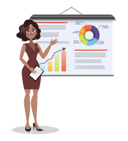 Woman Making Business Presentation Presenting Business Plan On Seminar Vector Illustration In Cartoon Style イラスト