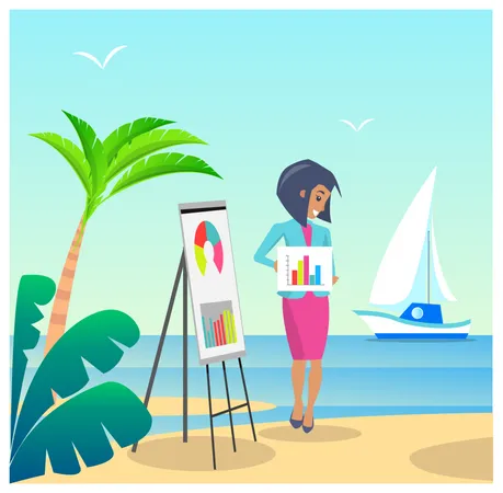 Business Presentation Poster With Text Sample And Headline And Woman With Whiteboard And Diagrams Beach And Sea Isolated On Vector Illustration Illustration