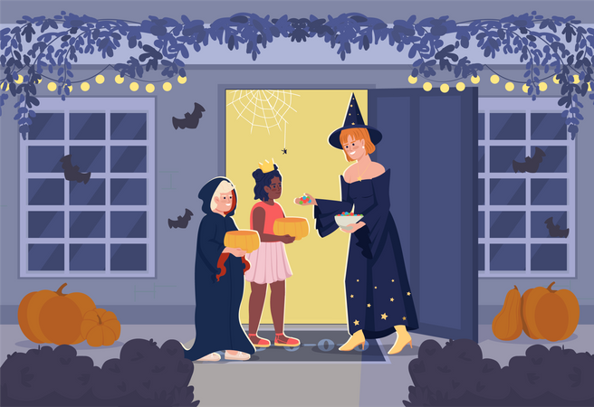 Woman giving candies to children  Illustration
