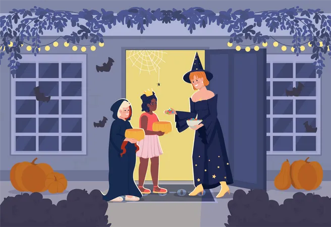 Children Trick Or Treating On Halloween Flat Color Vector Illustration Holiday Tradition To Ask For Sweets Fully Editable 2 D Simple Cartoon Characters With Night Street On Background Illustration