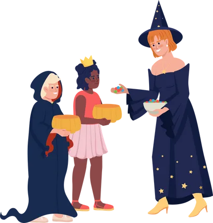 Woman Giving Candies To Children Semi Flat Color Vector Characters Editable Figures Full Body People On White Trick Or Treats Simple Cartoon Style Illustration For Web Graphic Design And Animation Illustration