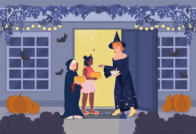 Woman giving candies to children  Illustration