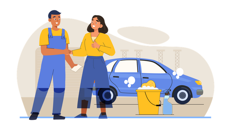 Woman giving car to cleaner  Illustration