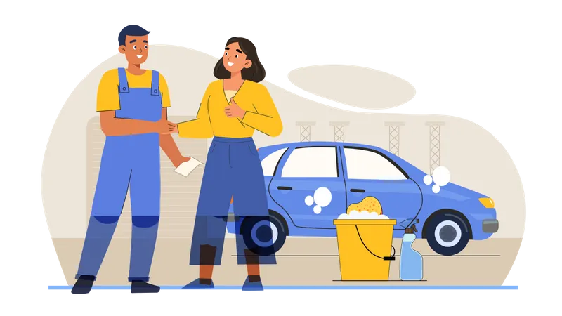 Woman giving car to cleaner  Illustration