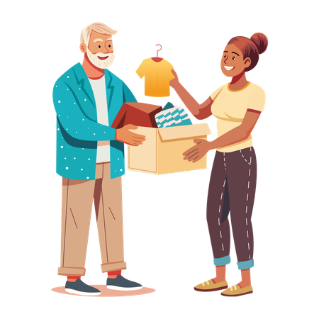 Woman giving clothes Charity to poor man  Illustration