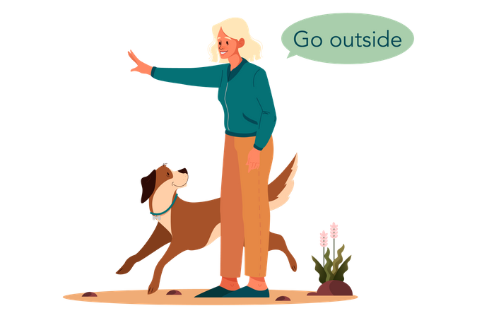 Woman giving command dog to go outside Illustration