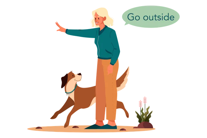 Woman giving command dog to go outside Illustration