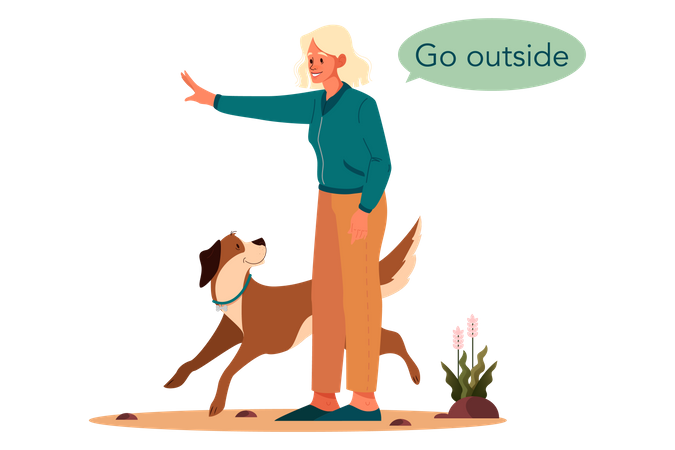 Woman giving command dog to go outside  Illustration