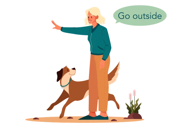 Woman giving command dog to go outside  Illustration