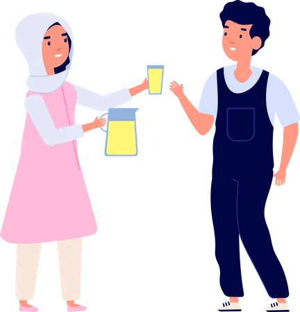 Woman giving drink to boy  Illustration