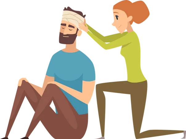 Woman giving first aid to man Illustration