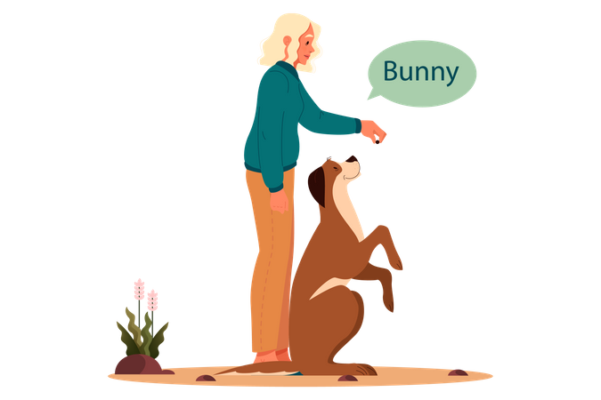 Woman giving food tip to pet dog Illustration