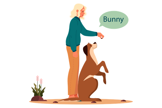 Woman giving food tip to pet dog  Illustration