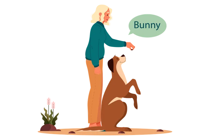 Woman giving food tip to pet dog  Illustration