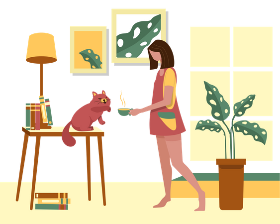 Woman giving food to cat Illustration