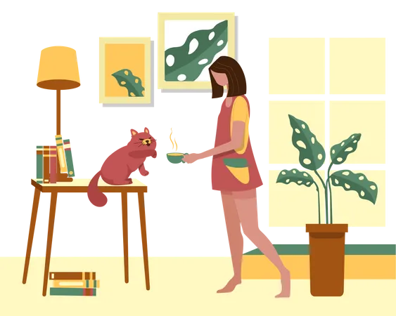 Big Isolated Cartoon Style Happy Young Woman Doing Regular Activity In Side Home For Stay Healthy Flat Vector Illustration Illustration