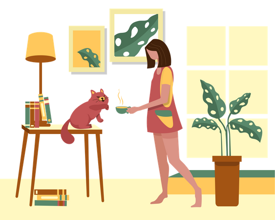 Woman giving food to cat  Illustration