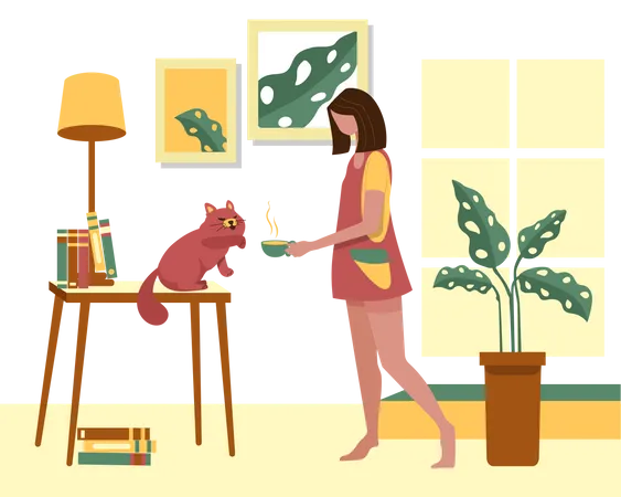 Woman giving food to cat  Illustration