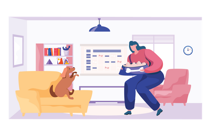 Woman giving food to dog  Illustration