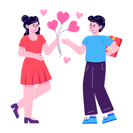 Woman giving heart balloons to boyfriend  Illustration