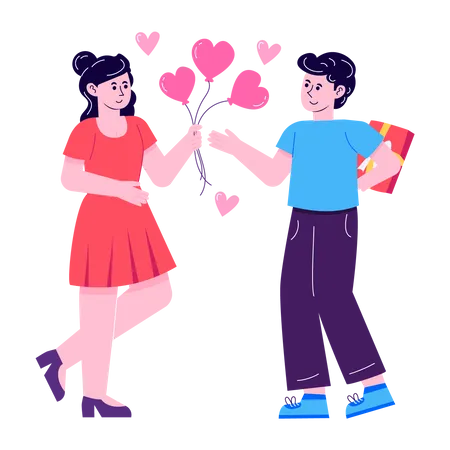 Woman giving heart balloons to boyfriend  Illustration