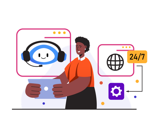 Woman giving help with chatbot service  Illustration