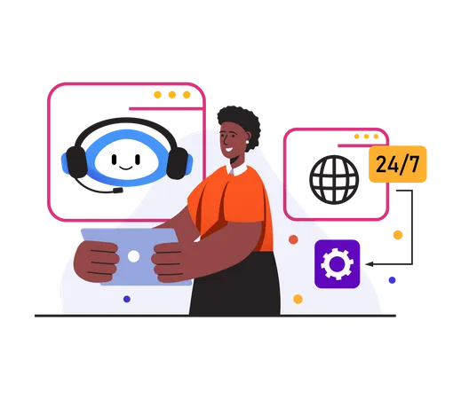 Woman giving help with chatbot service  Illustration