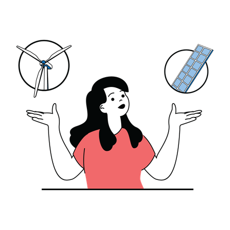 Woman giving knowledge solar and wind energy  Illustration