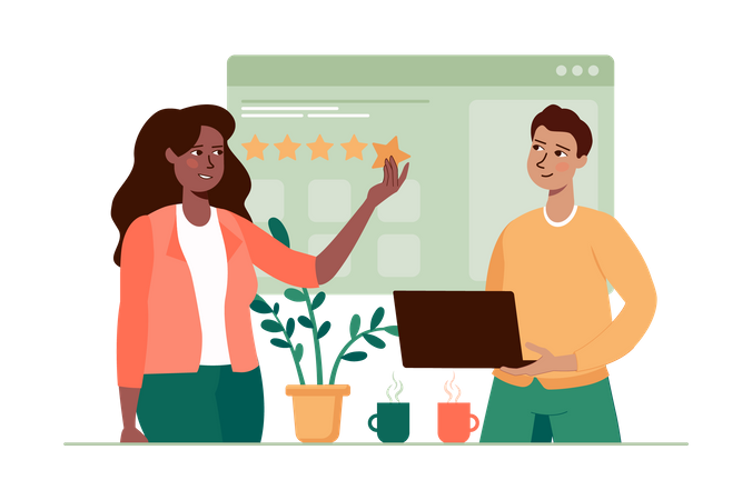 Woman giving online five stars  Illustration