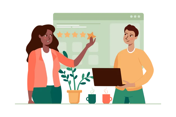 Woman giving online five stars  Illustration