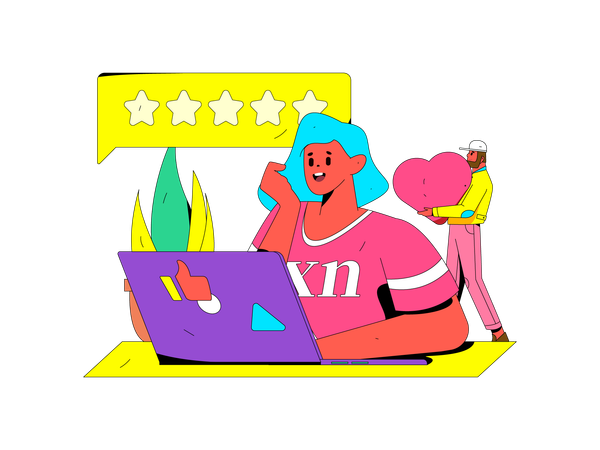 Woman giving online ratings using laptop  Illustration