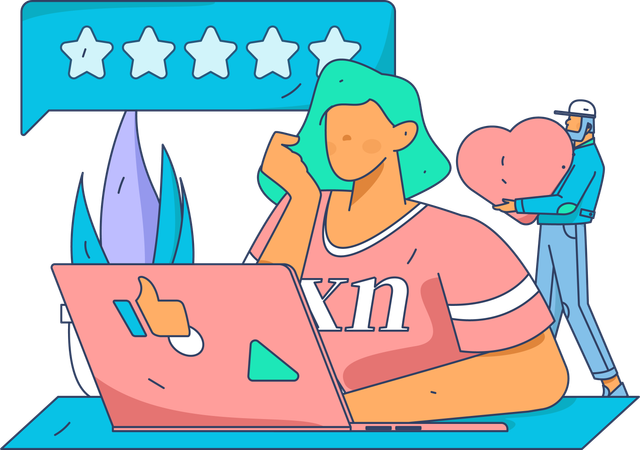 Woman giving online ratings using laptop  Illustration