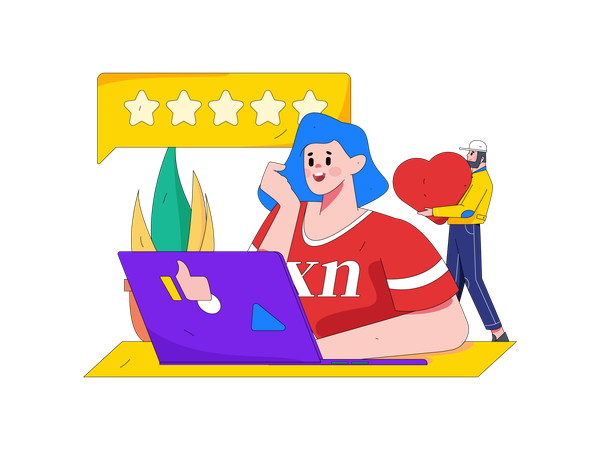 Woman giving online ratings using laptop  Illustration