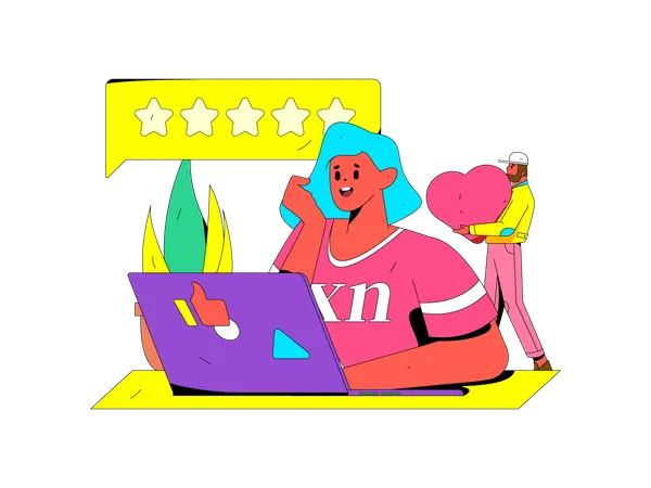 Woman giving online ratings using laptop  Illustration