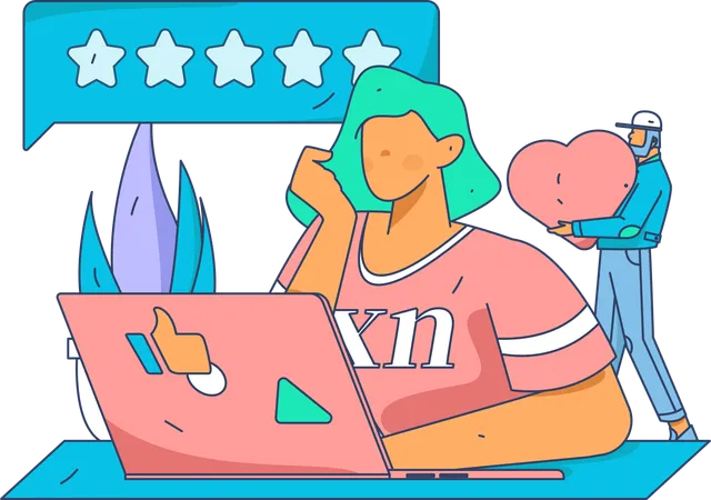 Woman giving online ratings using laptop  Illustration