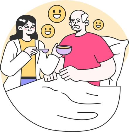 Woman giving soup to old man  Illustration