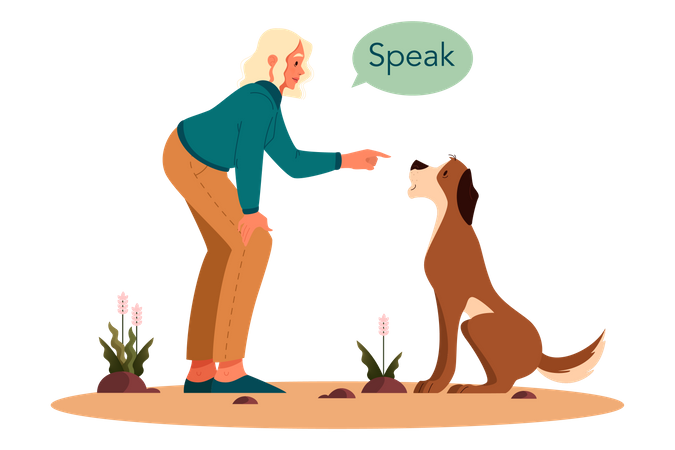 Woman giving speak command to pet dog Illustration