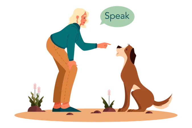 Woman giving speak command to pet dog Illustration