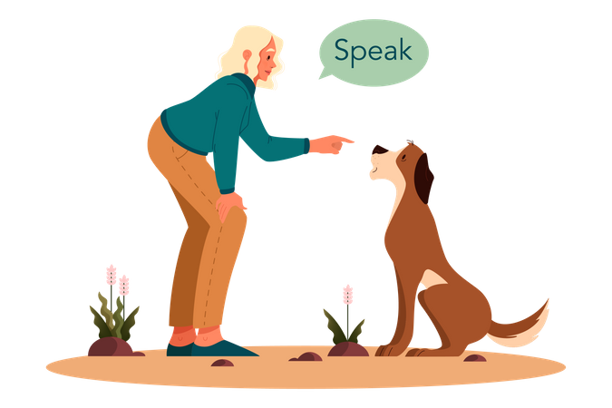 Woman giving speak command to pet dog  Illustration