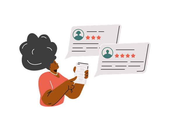 Woman giving stars feedback and choosing satisfaction rating on smartphone app  Illustration