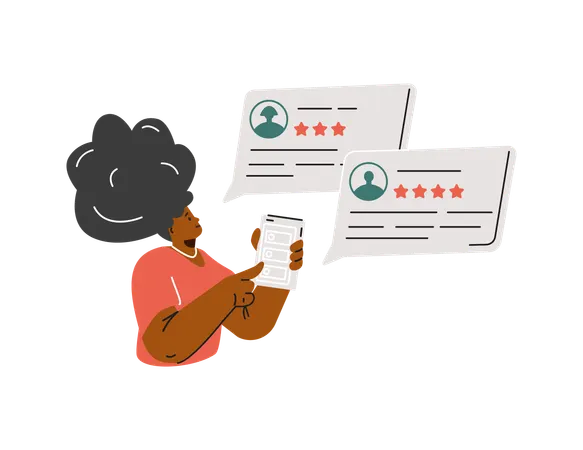 Woman giving stars feedback and choosing satisfaction rating on smartphone app  Illustration