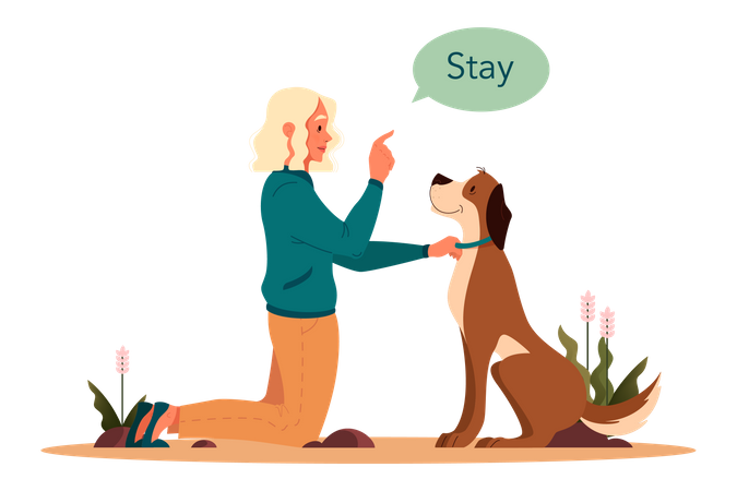 Woman giving stay command to pet dog Illustration
