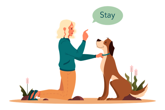 Woman giving stay command to pet dog  Illustration