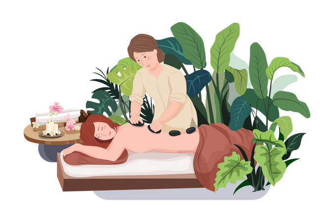 Woman giving stone massage therapy to woman  Illustration